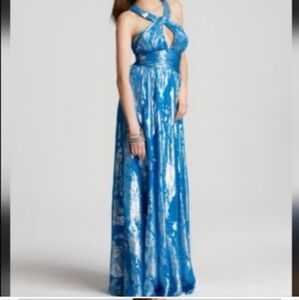 Aidan Mattox Gold Metallic Silk Foil Halter  Keyhole Midi Dress 6 NWT